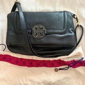 Tory Burch Amanda Foldover 3-Way Black Pebbled Leather Crossbody Bag